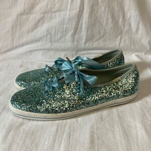 11-13 Kate Spade x Keds Glitter Light Blue Sneaker Shoes Satin Laces Sz 7